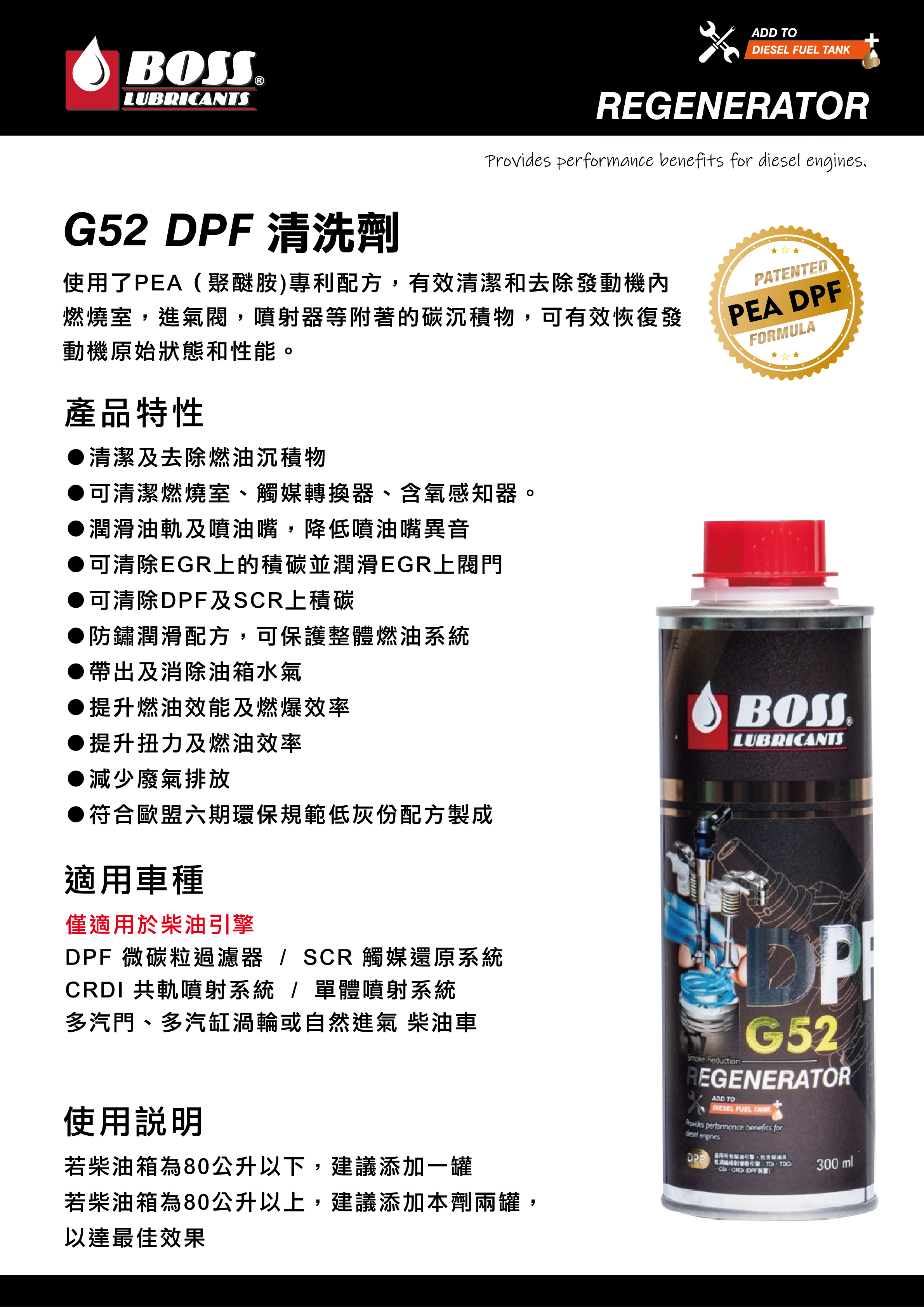  Boss王牌合成油「Boss 化學添加劑」第二波系列【G52 DPF CLEANER清洗劑】
